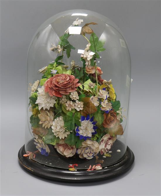 Victorian shellwork flowers under a dome height 40cm